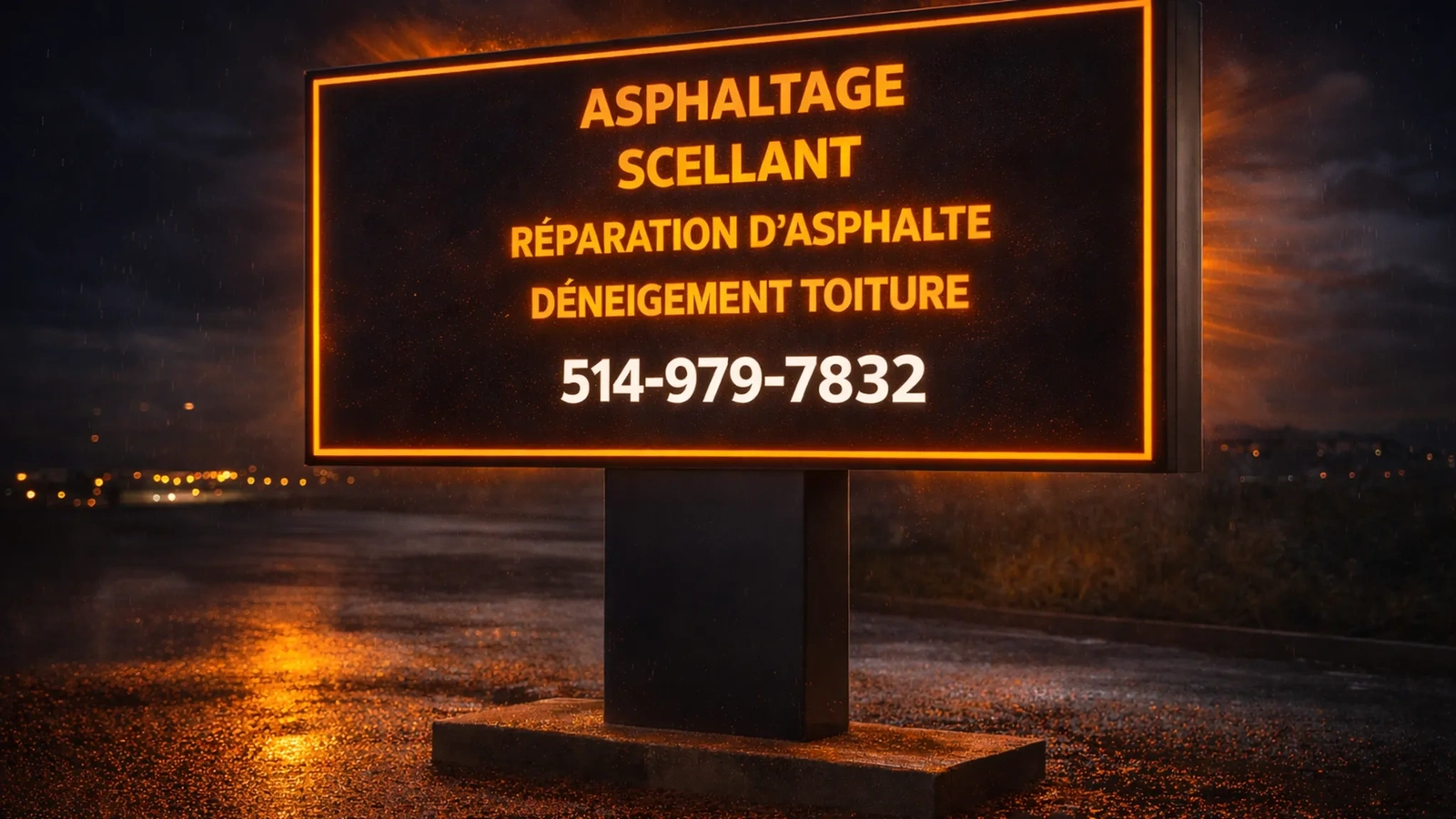 Panneau LED: asphaltage, scellant, réparation d’asphalte et déneigement toiture à Montréal – 514-979-7832